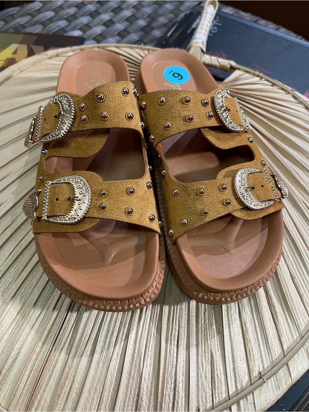 & Other Stories Tan Suede Double-Buckle Stud Slide Sandals
